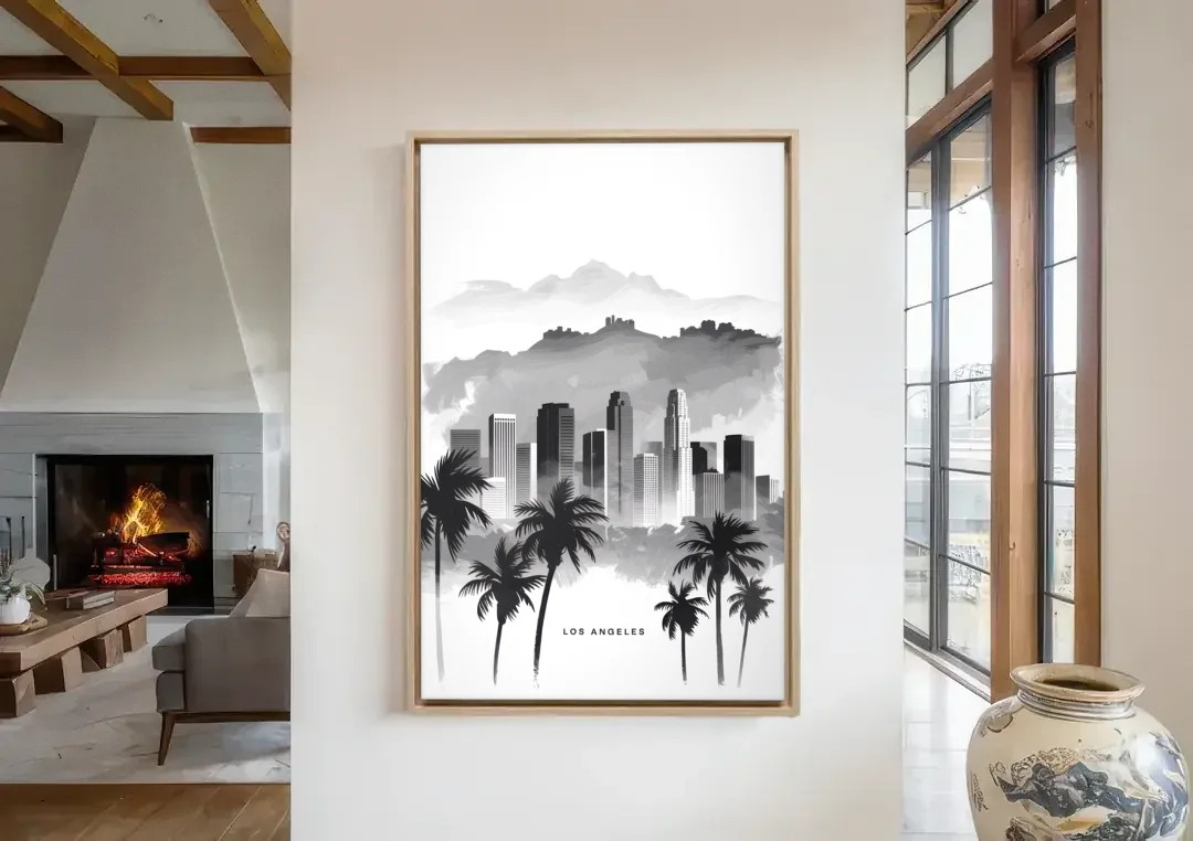 Los Angeles Black and White Cityscape canvas wall art in a living room with a fireplace