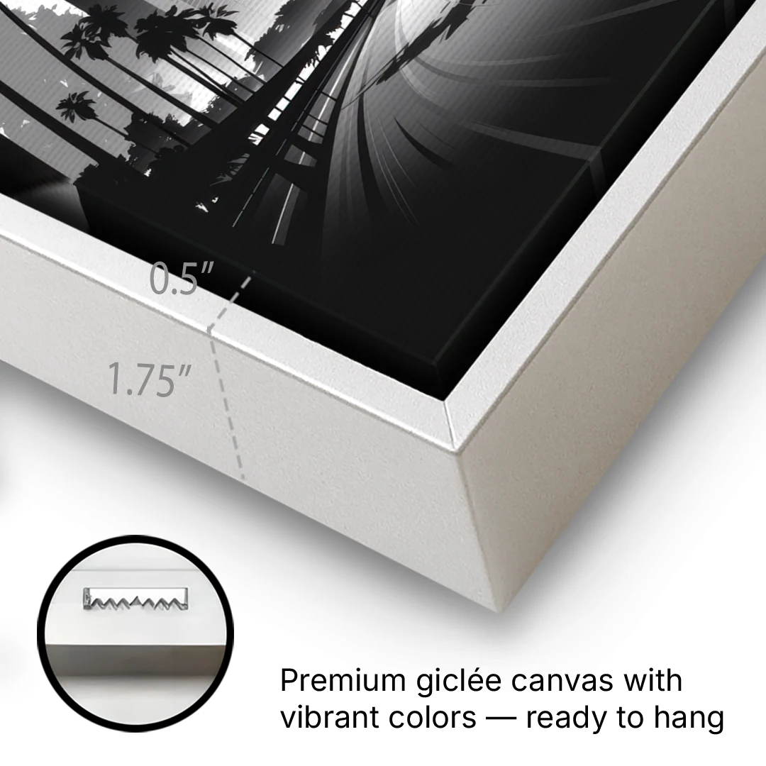Los Angeles Black and White Cityscape Monochrome - White Framed Canvas Wall Art - Gallery Wrap Corner