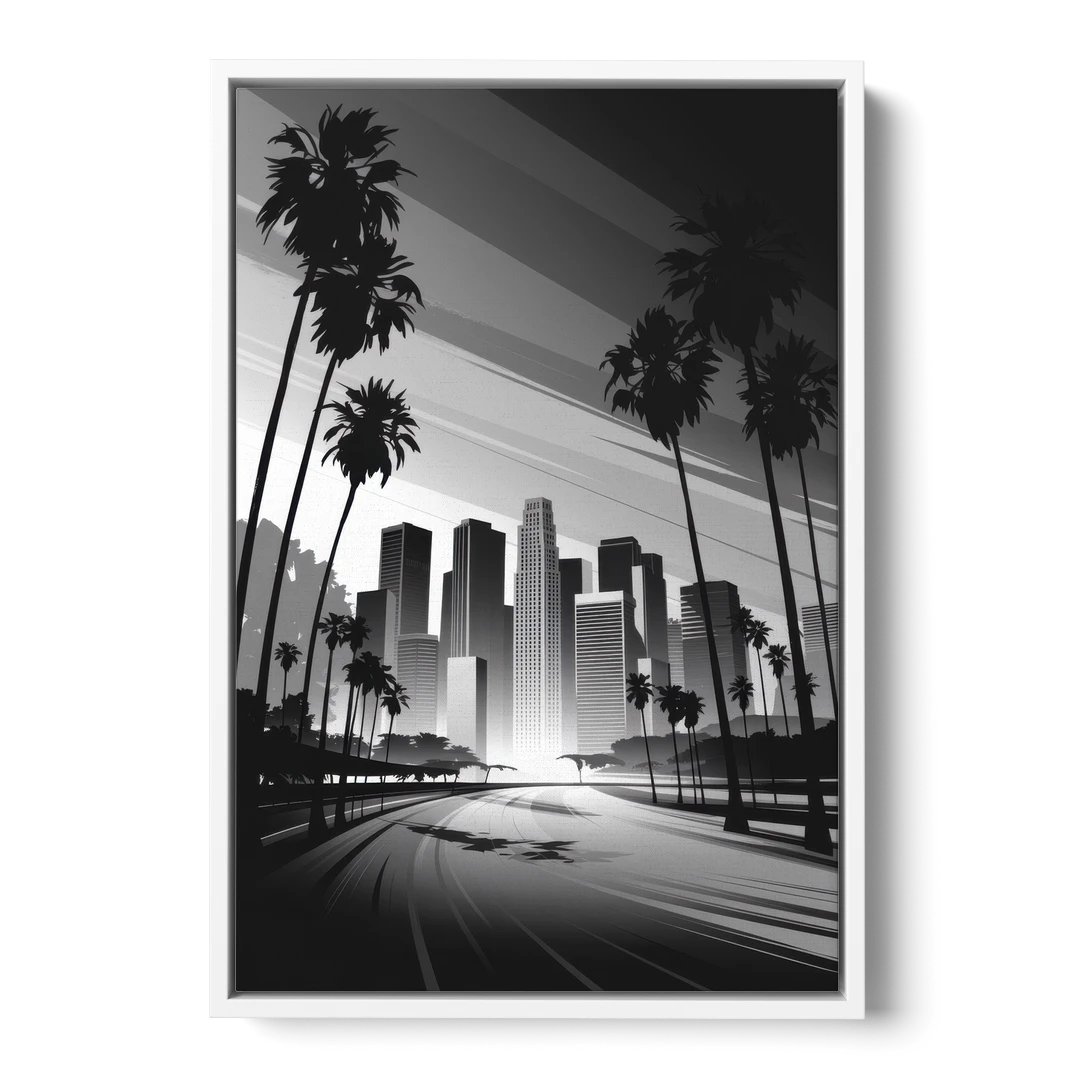 Los Angeles Black and White Cityscape Monochrome - White Framed Canvas Wall Art - Front