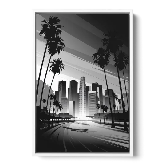 Los Angeles Black and White Cityscape Monochrome - White Framed Canvas Wall Art - Front