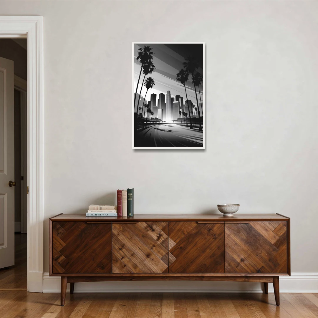 Los Angeles Black and White Cityscape Monochrome - White Framed Canvas Wall Art - Coffee Table - 24x36