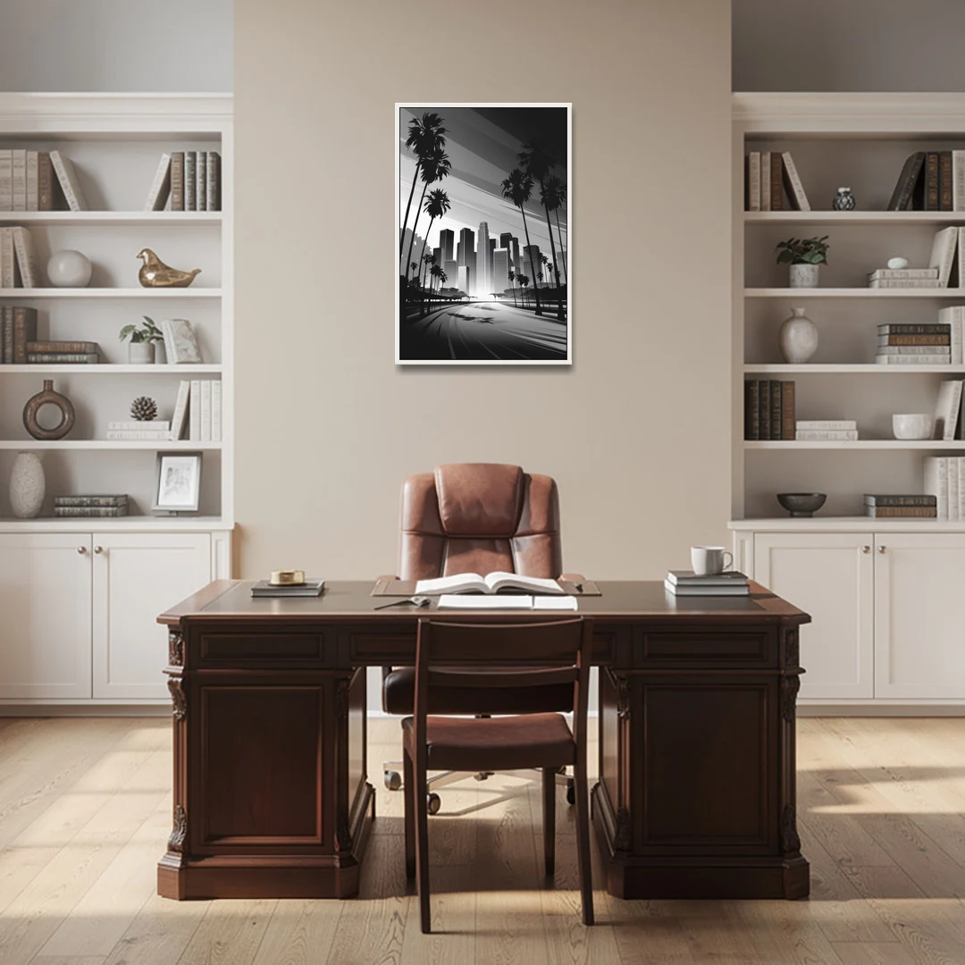 Los Angeles Black and White Cityscape Monochrome - White Framed Canvas Wall Art - Office - 24x36