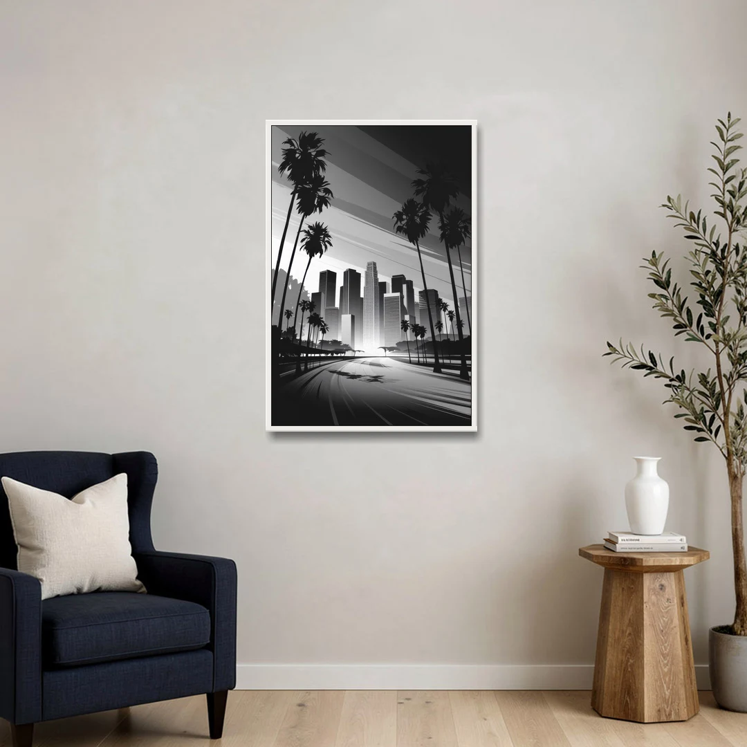 Los Angeles Black and White Cityscape Monochrome - White Framed Canvas Wall Art - Sofa - 24x36