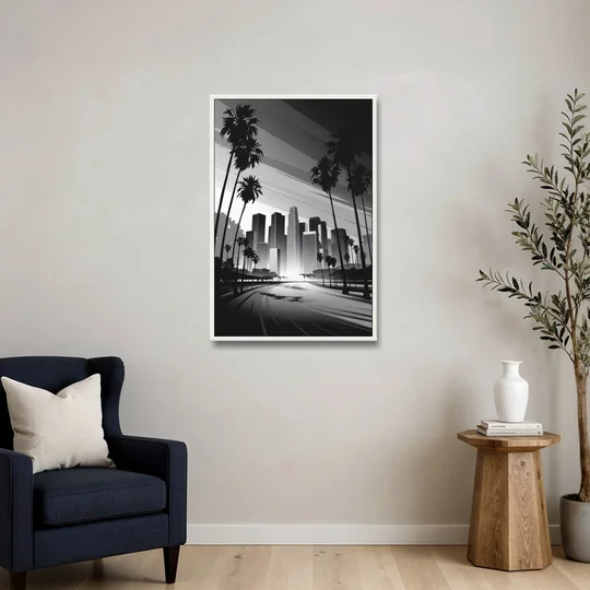 Los Angeles Black and White Cityscape Monochrome - White Framed Canvas Wall Art - Sofa - 24x36