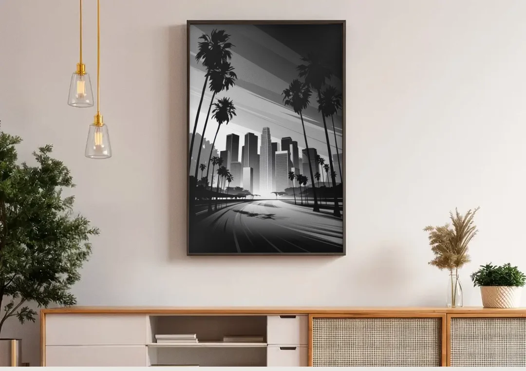 Los Angeles Black and White Cityscape Monochrome canvas wall art above a wooden sideboard under pendant lights
