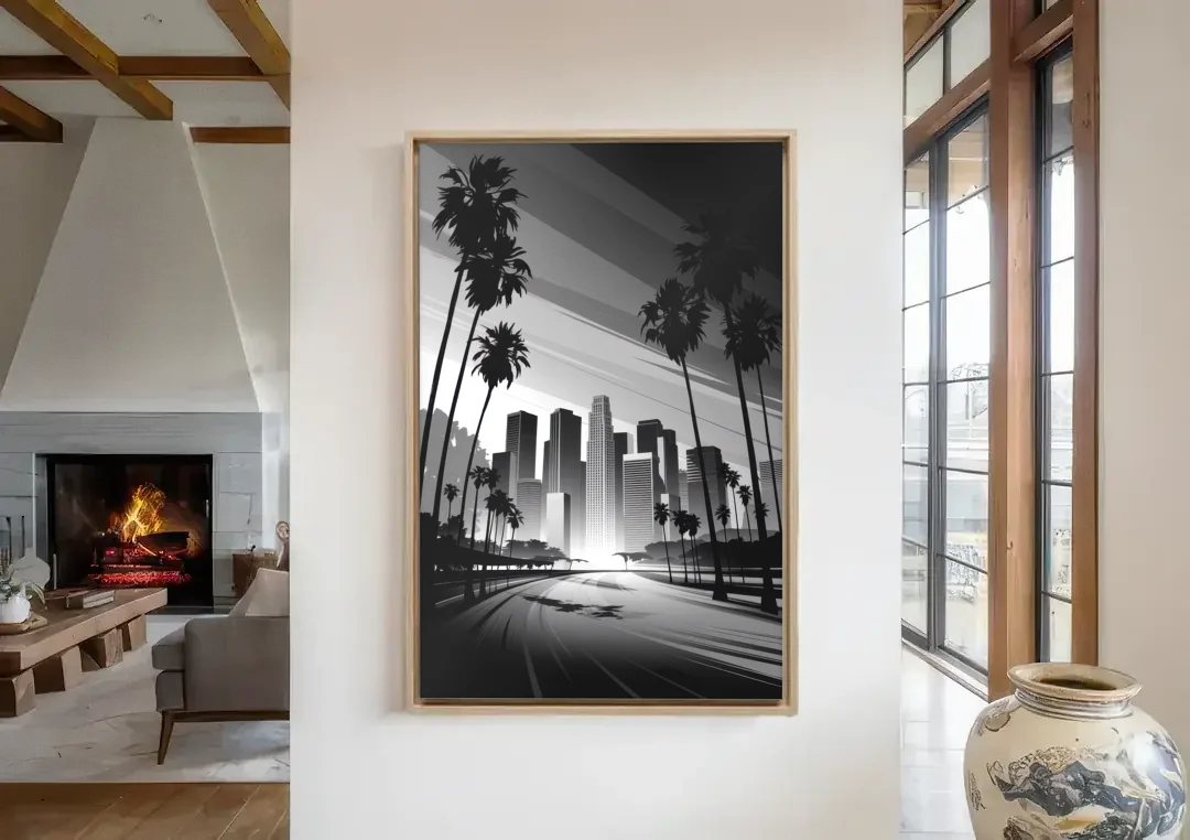 Los Angeles Black and White Cityscape Monochrome canvas wall art in a living room with a fireplace
