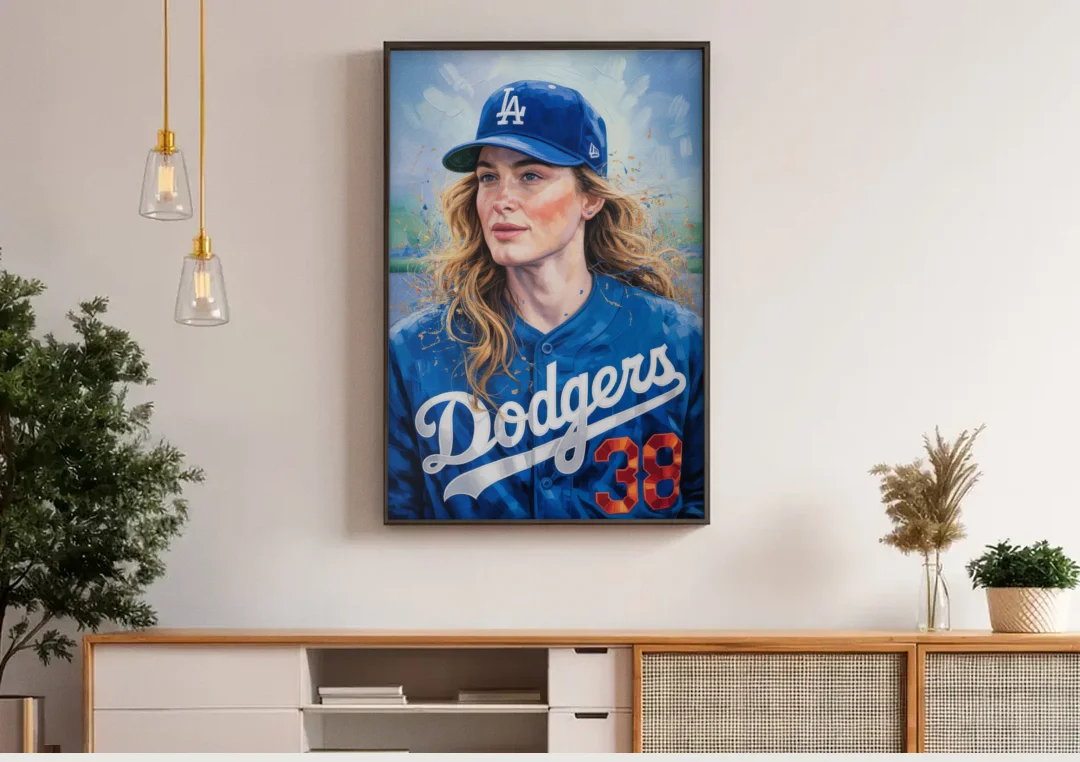 Los Angeles Dodgers Double Play canvas wall art above a wooden sideboard under pendant lights