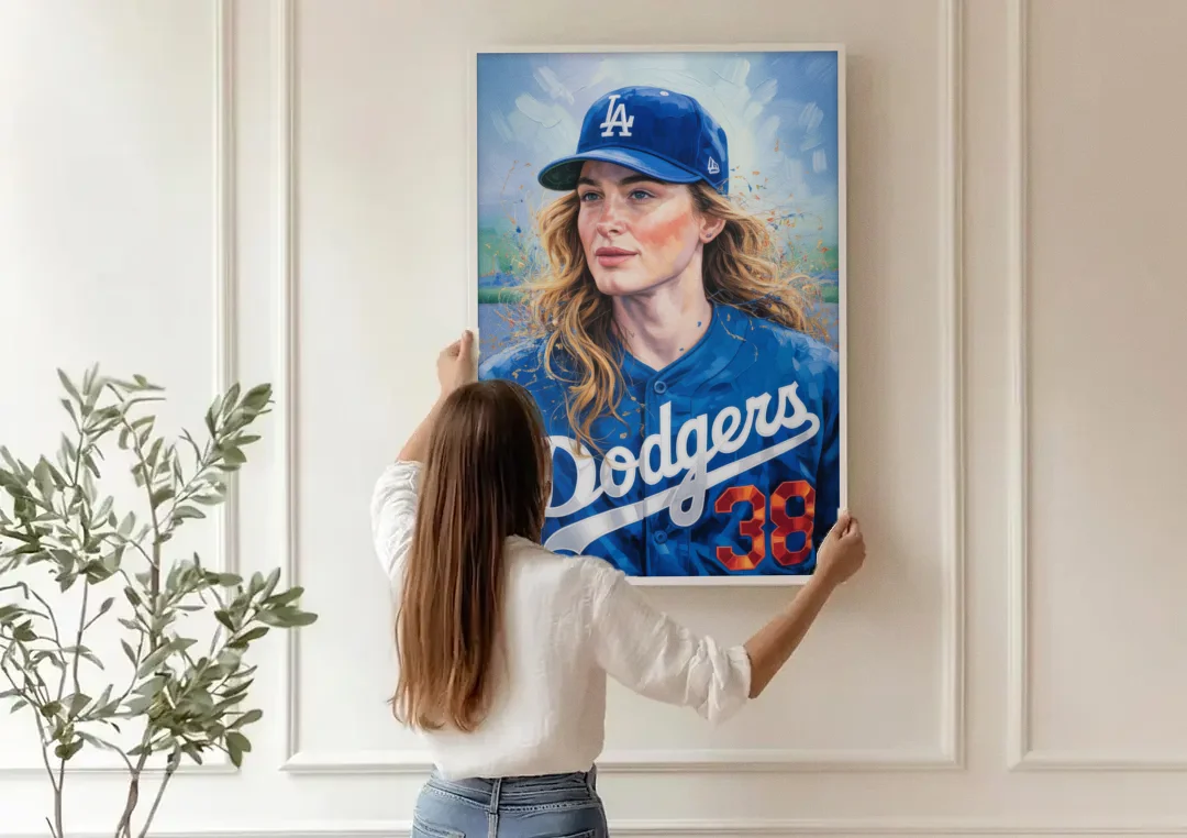 Los Angeles Dodgers Double Play canvas wall art being hung on a paneled wall