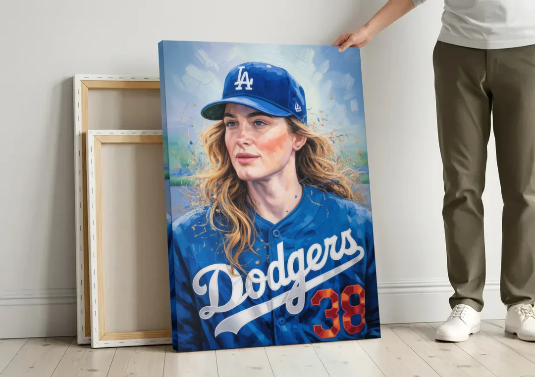 Los Angeles Dodgers Double Play canvas wall art leaning against a wall next to blank canvases