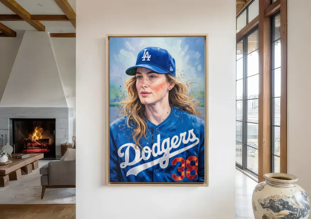 Los Angeles Dodgers Double Play canvas wall art in a living room with a fireplace