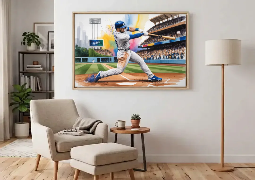 Los Angeles Dodgers Grand Slam canvas wall art above an armchair in a bright living room