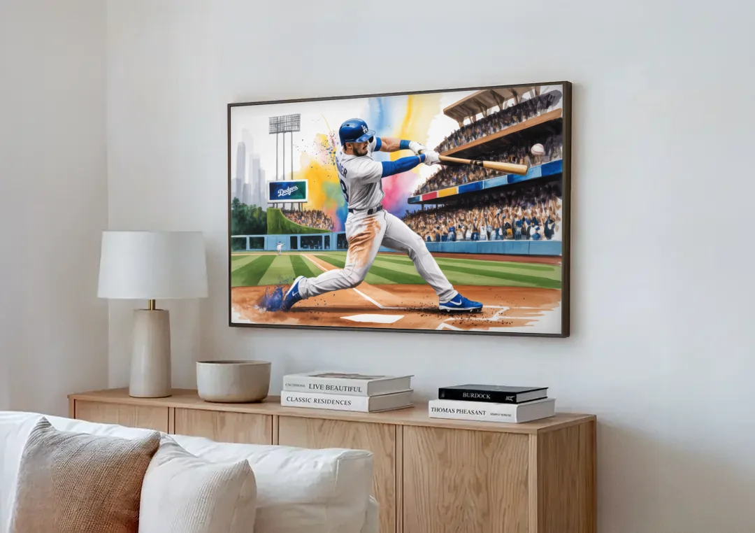 Los Angeles Dodgers Grand Slam canvas wall art above a wooden sideboard next to a sofa