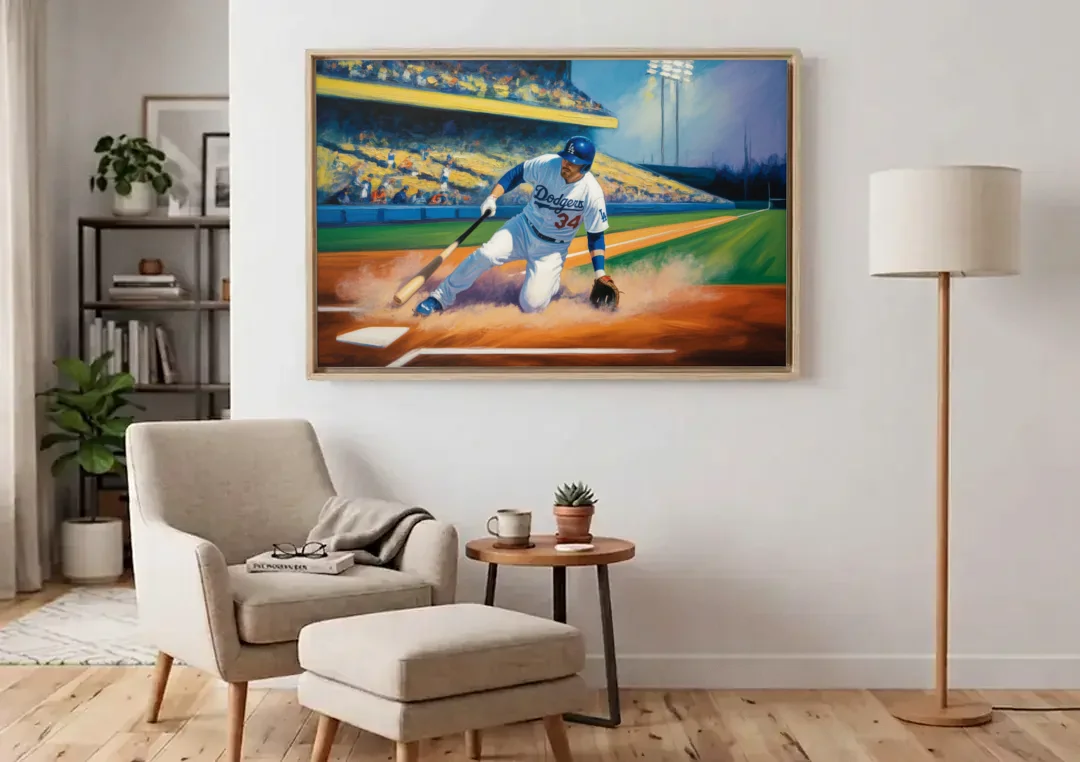 Los Angeles Dodgers Sliding Safe canvas wall art above an armchair in a bright living room
