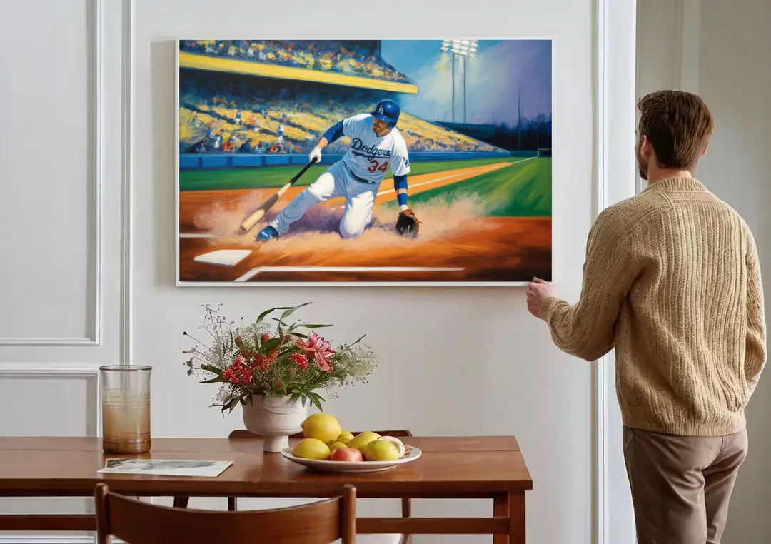 Los Angeles Dodgers Sliding Safe canvas wall art above a dining table