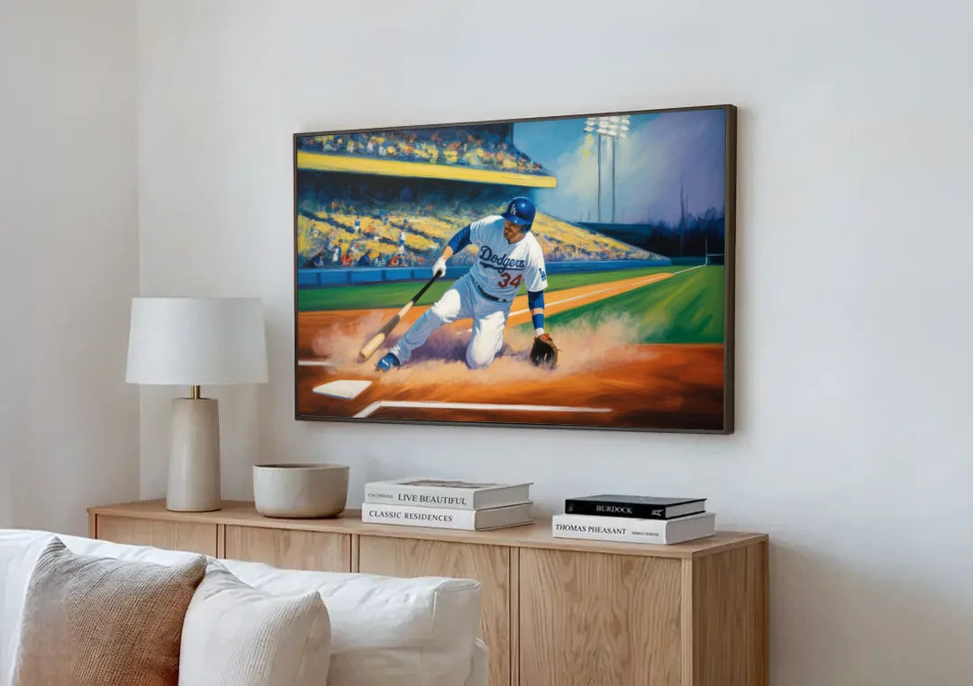 Los Angeles Dodgers Sliding Safe canvas wall art above a wooden sideboard next to a sofa