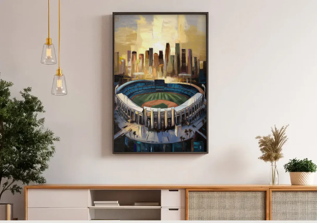 Los Angeles Dodgers Stadium canvas wall art above a wooden sideboard under pendant lights