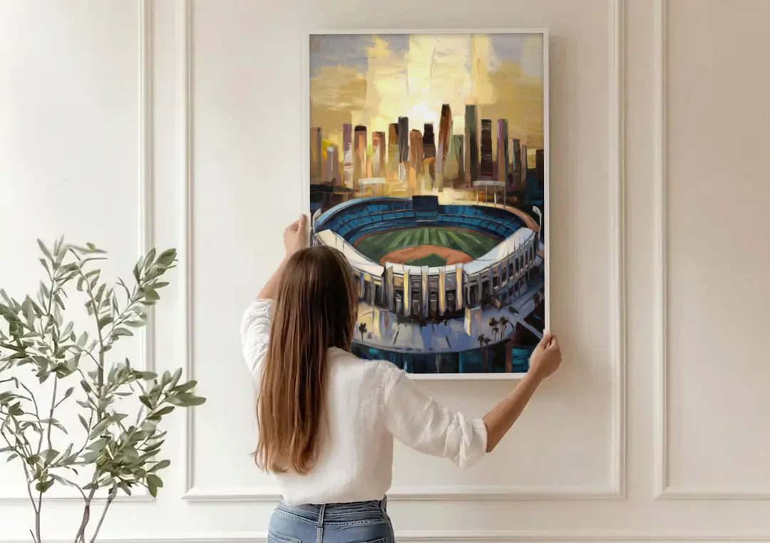 Los Angeles Dodgers Stadium canvas wall art being hung on a paneled wall