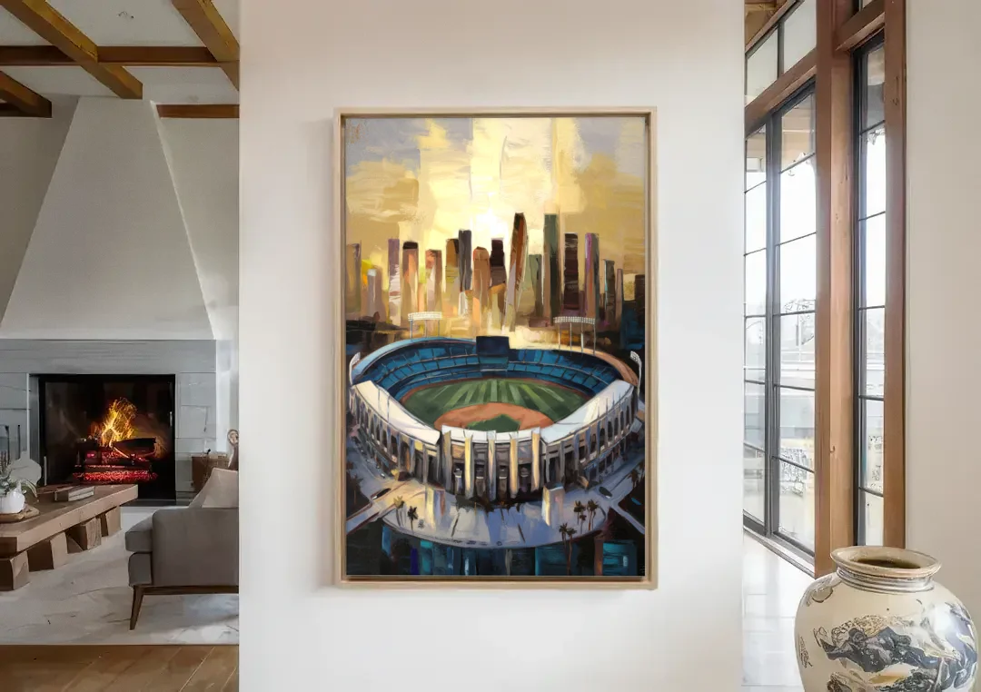 Los Angeles Dodgers Stadium canvas wall art in a living room with a fireplace