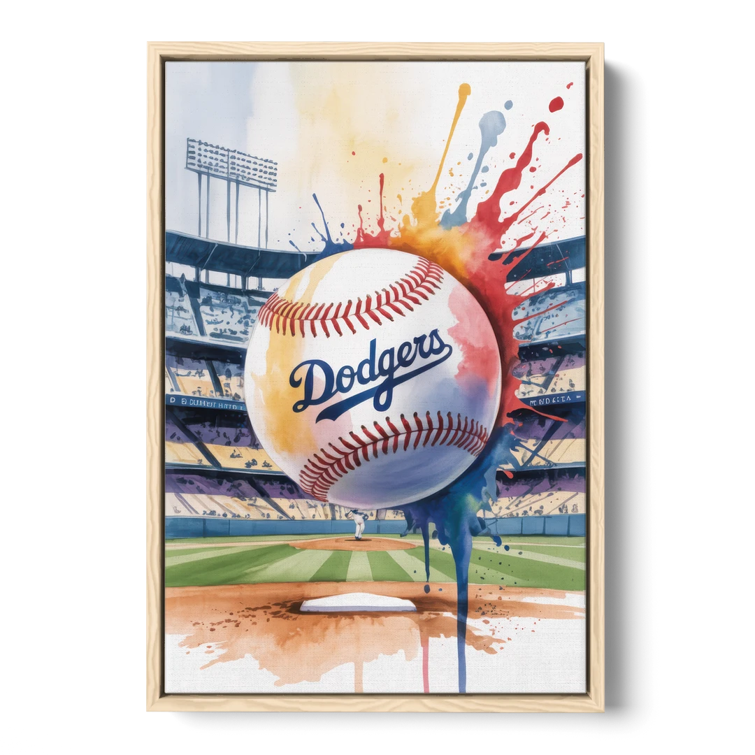 Los Angeles Dodgers Watercolor Baseball Action Art - Oak Framed Canvas Wall Art - Front