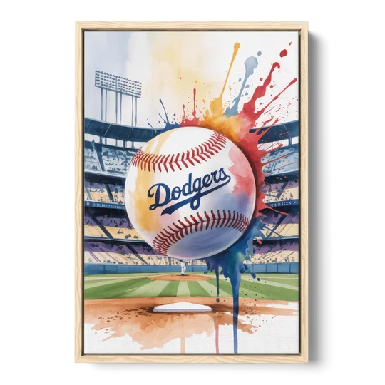Los Angeles Dodgers Watercolor Baseball Action Art - Oak Framed Canvas Wall Art - Front