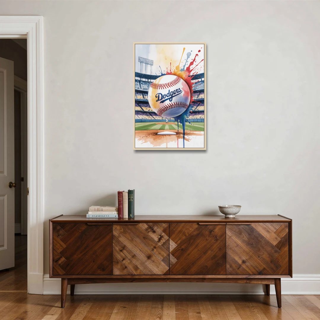 Los Angeles Dodgers Watercolor Baseball Action Art - Oak Framed Canvas Wall Art - Coffee Table - 24x36