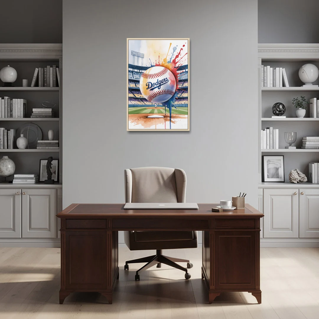 Los Angeles Dodgers Watercolor Baseball Action Art - Oak Framed Canvas Wall Art - Office - 24x36