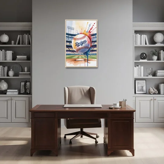 Los Angeles Dodgers Watercolor Baseball Action Art - Oak Framed Canvas Wall Art - Office - 24x36