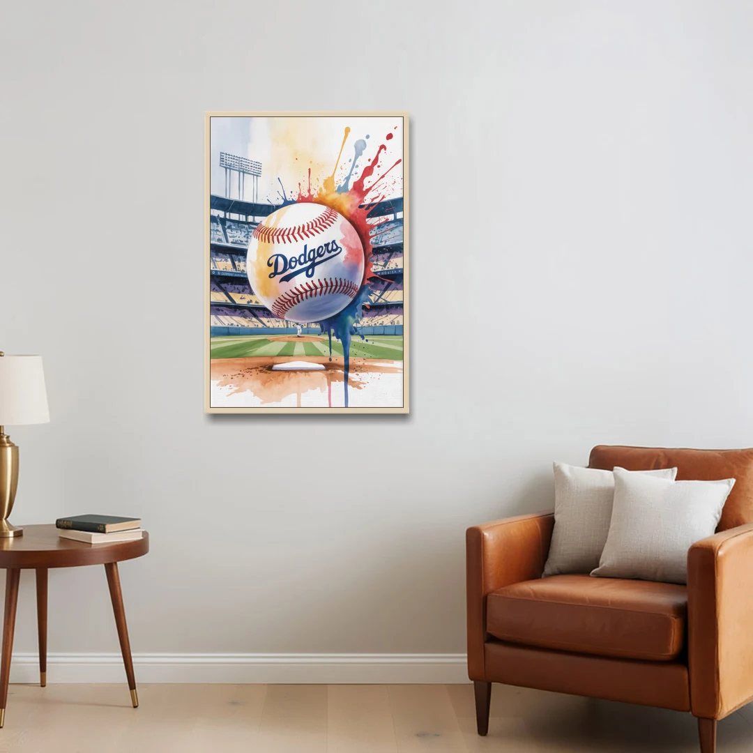 Los Angeles Dodgers Watercolor Baseball Action Art - Oak Framed Canvas Wall Art - Sofa - 24x36