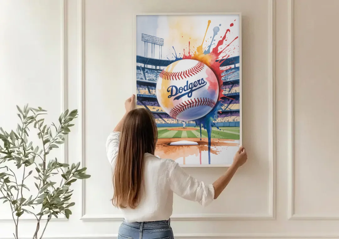 Los Angeles Dodgers Watercolor Baseball Action Art canvas wall art being hung on a paneled wall