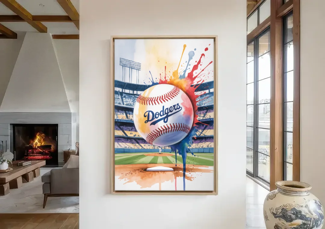 Los Angeles Dodgers Watercolor Baseball Action Art canvas wall art in a living room with a fireplace