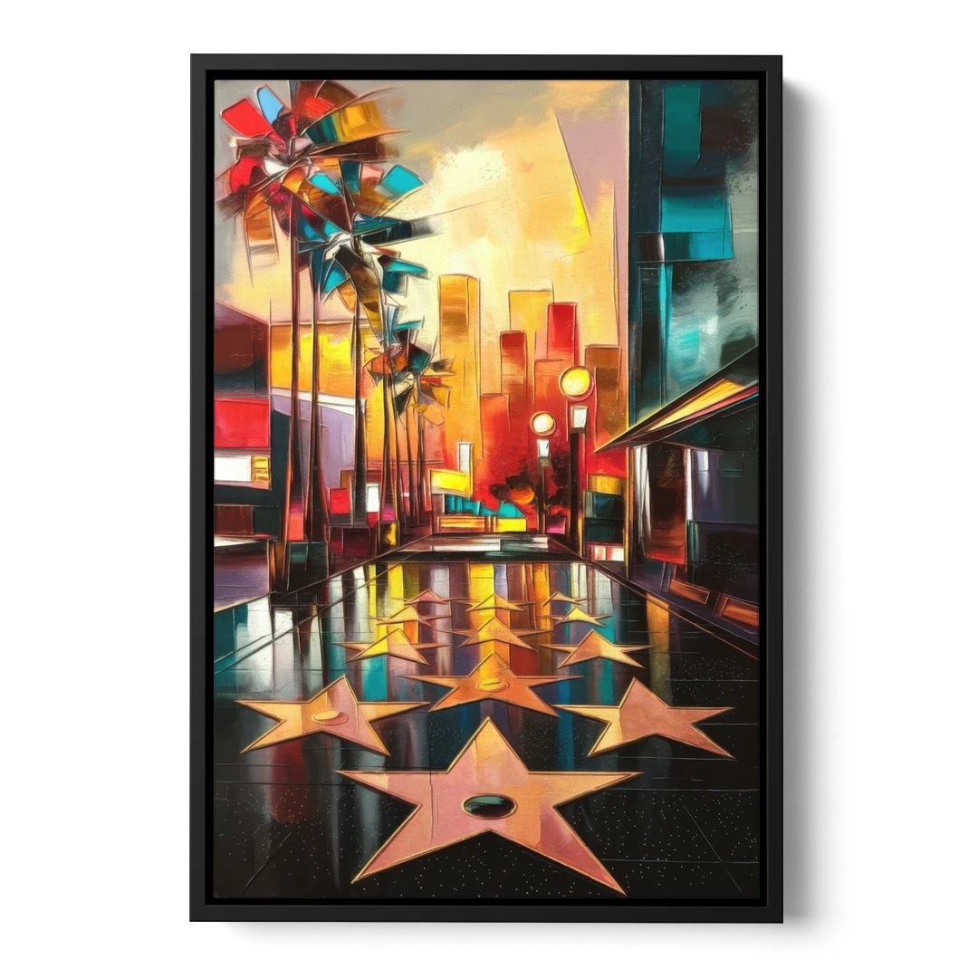 Los Angeles Hollywood Walk of Fame Iconic - Black Framed Canvas Wall Art - Front
