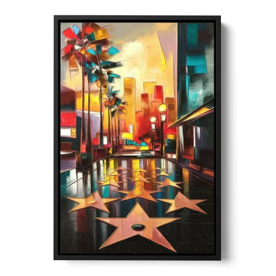Los Angeles Hollywood Walk of Fame Iconic - Black Framed Canvas Wall Art - Front