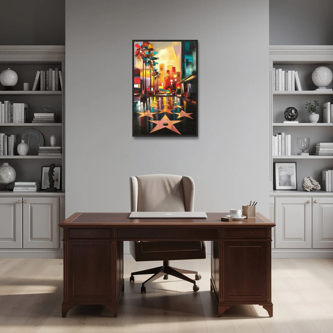 Los Angeles Hollywood Walk of Fame Iconic - Black Framed Canvas Wall Art - Office - 24x36