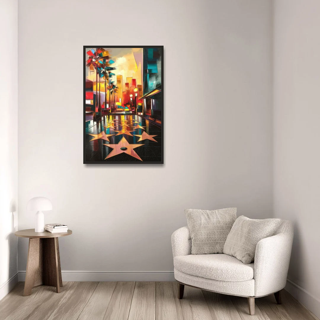 Los Angeles Hollywood Walk of Fame Iconic - Black Framed Canvas Wall Art - Sofa - 24x36