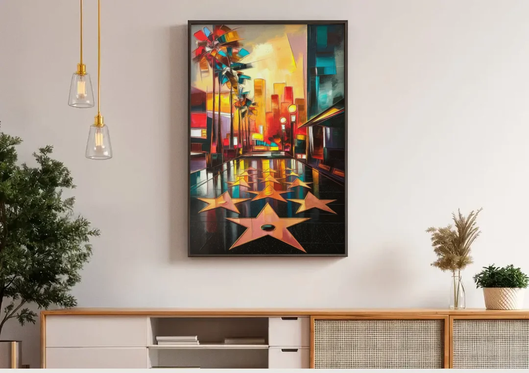 Los Angeles Hollywood Walk of Fame Iconic canvas wall art above a wooden sideboard under pendant lights