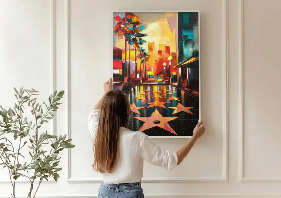 Los Angeles Hollywood Walk of Fame Iconic canvas wall art being hung on a paneled wall