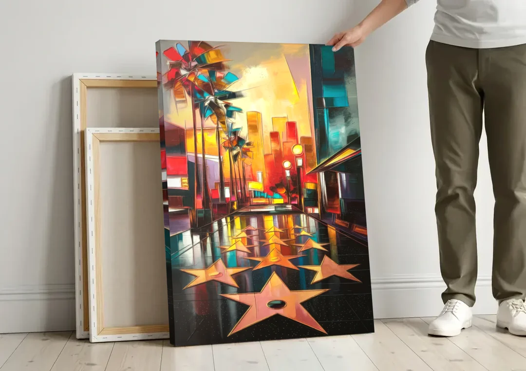 Los Angeles Hollywood Walk of Fame Iconic canvas wall art leaning against a wall next to blank canvases
