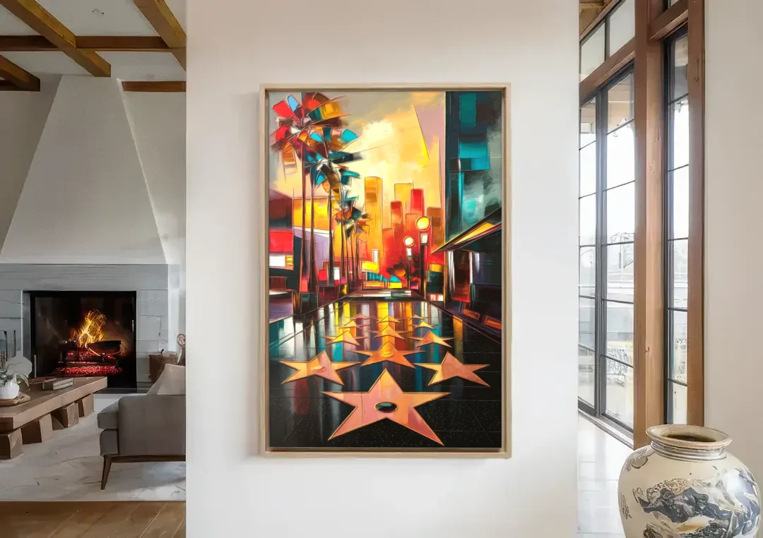 Los Angeles Hollywood Walk of Fame Iconic canvas wall art in a living room with a fireplace