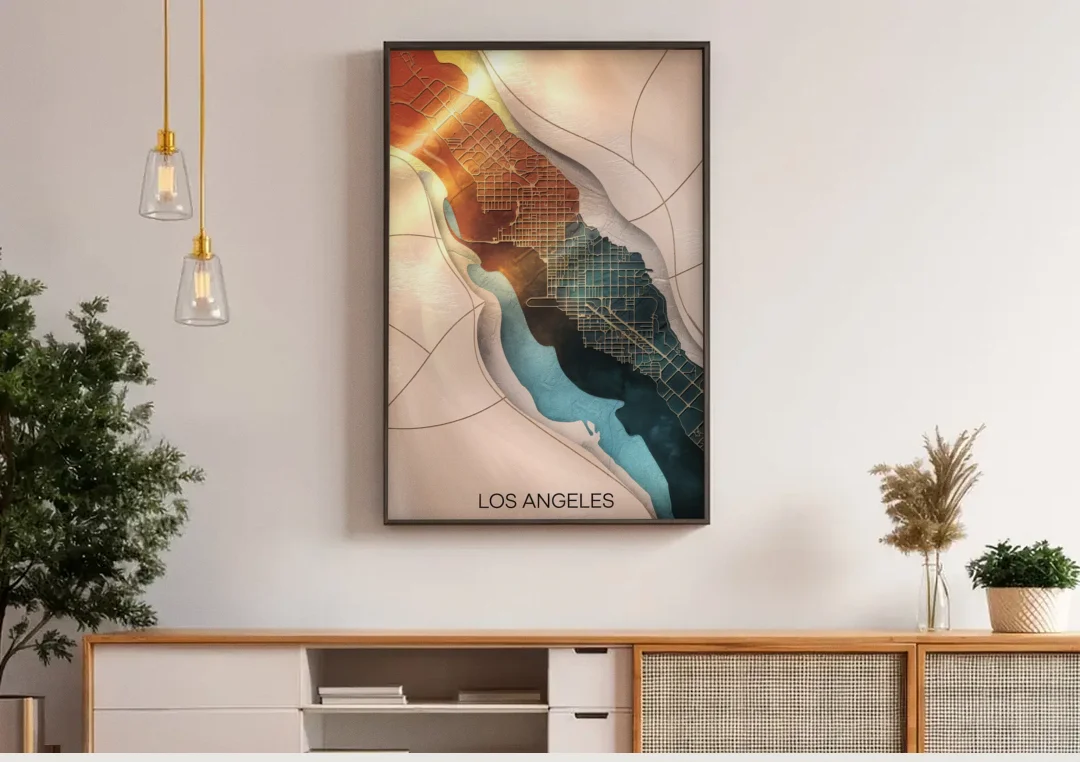 Los Angeles Map Design canvas wall art above a wooden sideboard under pendant lights