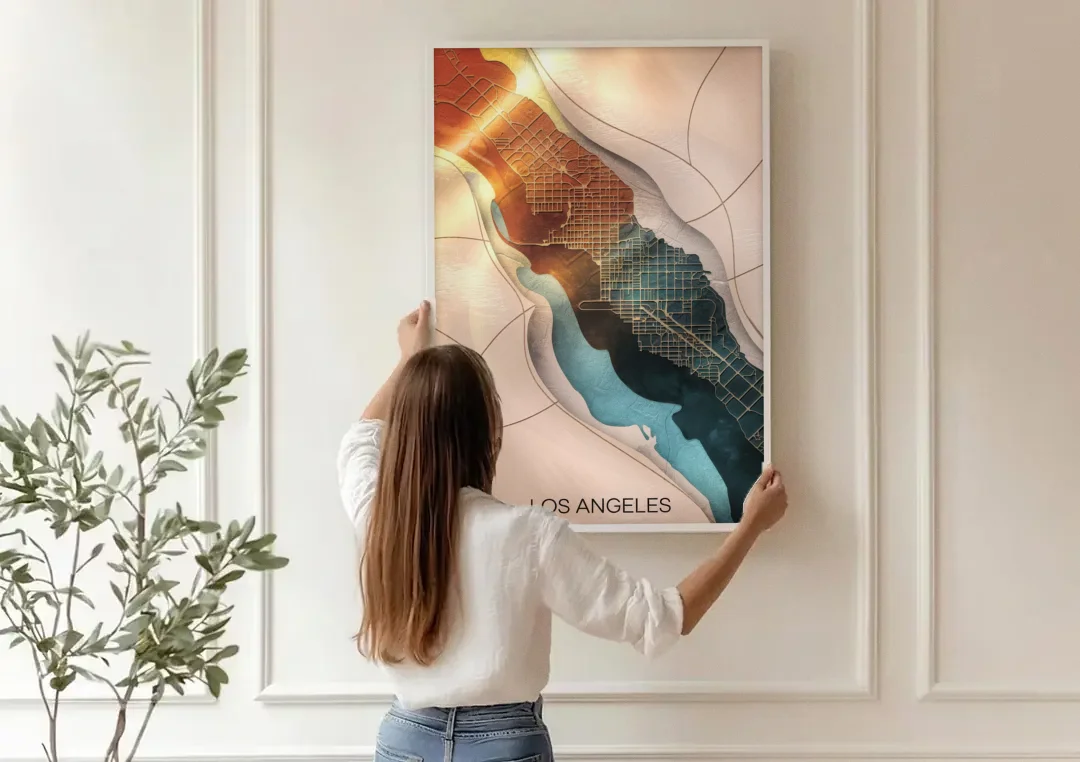 Los Angeles Map Design canvas wall art being hung on a paneled wall
