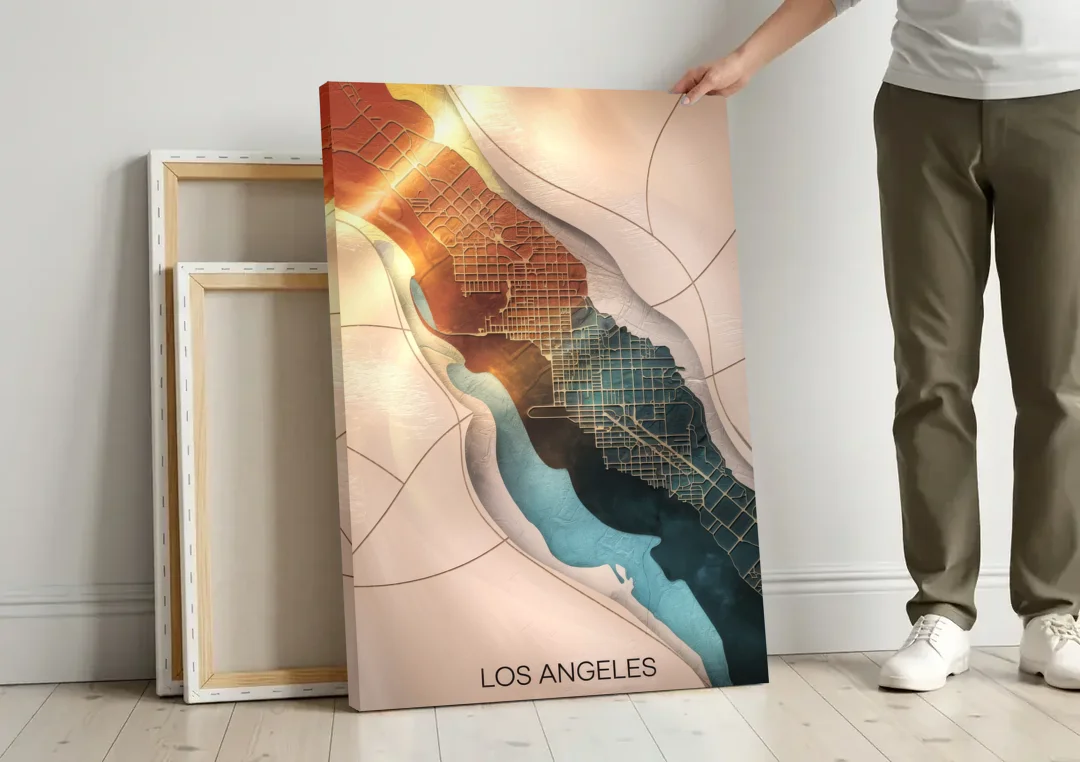 Los Angeles Map Design canvas wall art leaning against a wall next to blank canvases