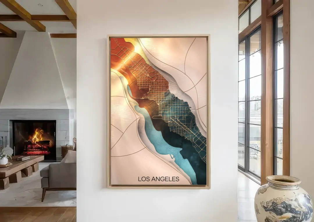 Los Angeles Map Design canvas wall art in a living room with a fireplace