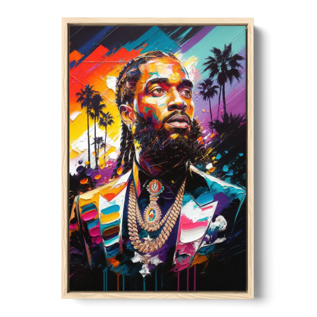 Los Angeles Nipsey Hussle Tribute - Oak Framed Canvas Wall Art - Front