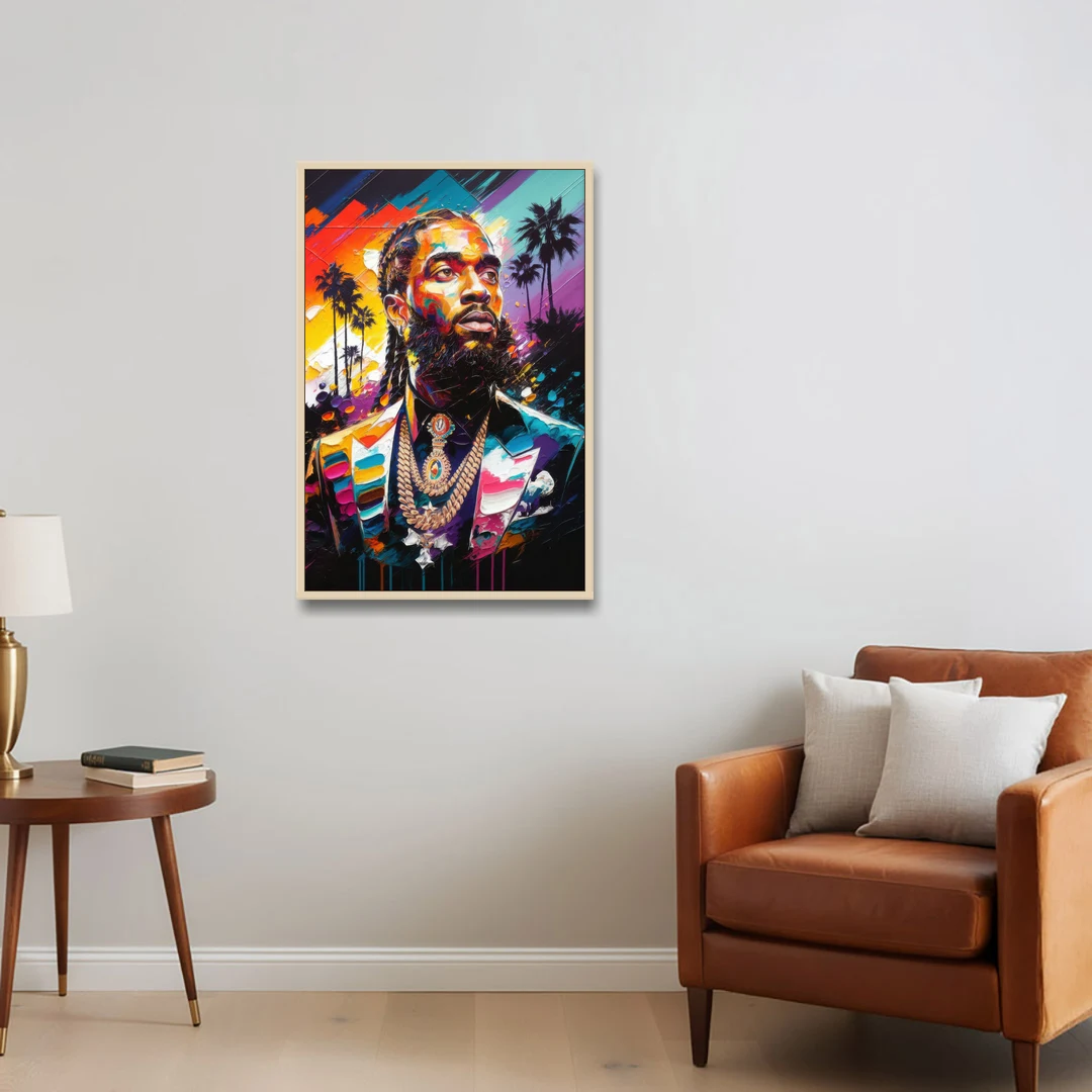 Los Angeles Nipsey Hussle Tribute - Oak Framed Canvas Wall Art - Sofa - 24x36