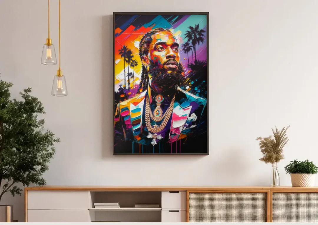Los Angeles Nipsey Hussle Tribute canvas wall art above a wooden sideboard under pendant lights