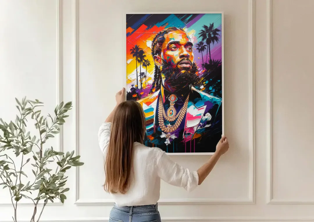 Los Angeles Nipsey Hussle Tribute canvas wall art being hung on a paneled wall