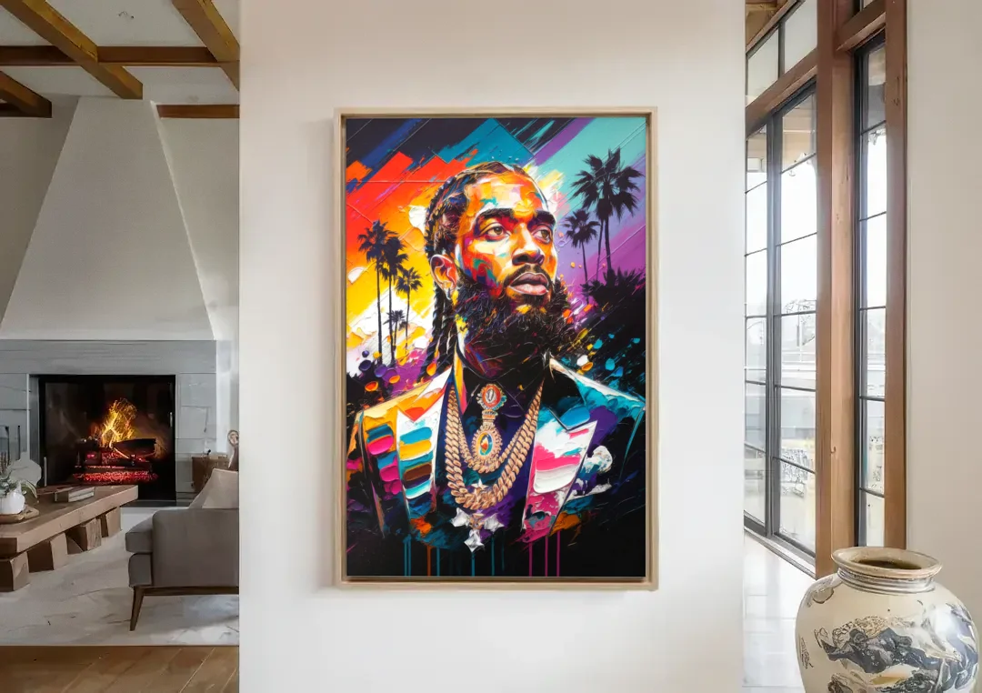 Los Angeles Nipsey Hussle Tribute canvas wall art in a living room with a fireplace