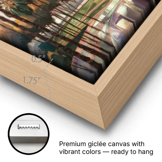 Los Angeles Palm Trees and Skyscrapers - Oak Framed Canvas Wall Art - Gallery Wrap Corner
