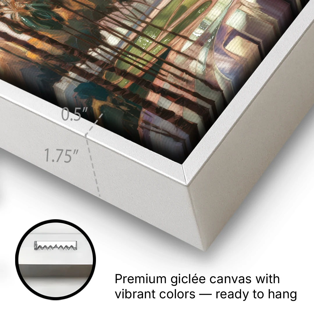 Los Angeles Palm Trees and Skyscrapers - White Framed Canvas Wall Art - Gallery Wrap Corner