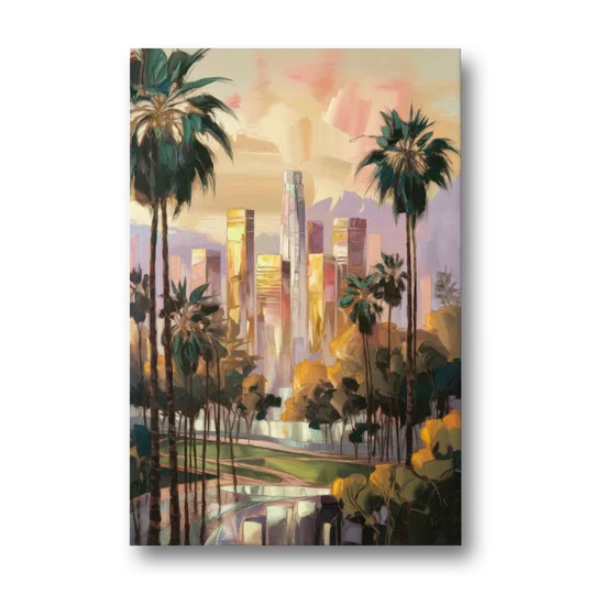 Los Angeles Palm Trees and Skyscrapers - Canvas Wall Art - Front